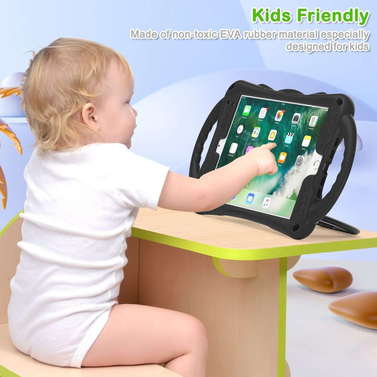 Cute Cat King Kids Shockproof Silicone Tablet Case with Holder & Shoulder Strap ... (Black Green)