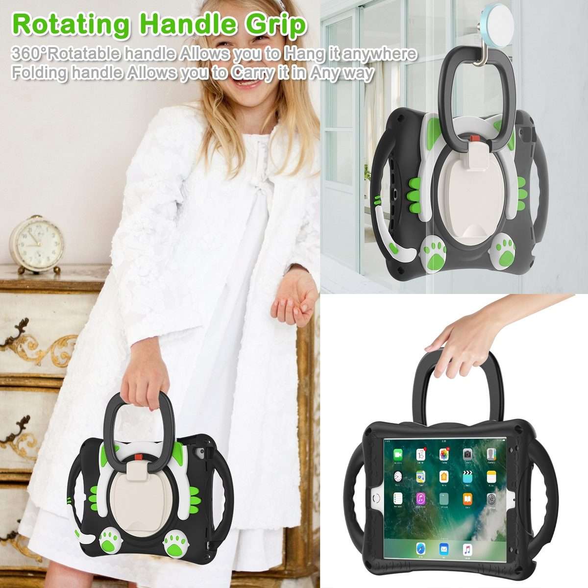 Cute Cat King Kids Shockproof Silicone Tablet Case with Holder & Shoulder Strap ... (Black Green)