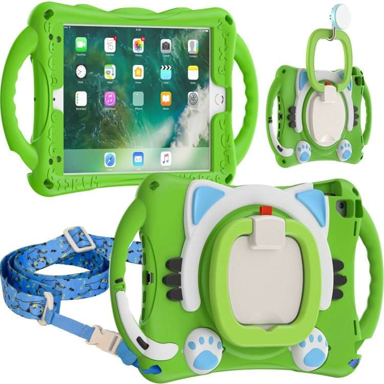 Cute Cat King Kids Shockproof Silicone Tablet Case with Holder & Shoulder Strap & Hand ... (Green)