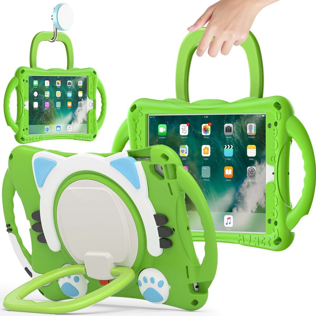 Cute Cat King Kids Shockproof Silicone Tablet Case with Holder & Shoulder Strap & Hand ... (Green)