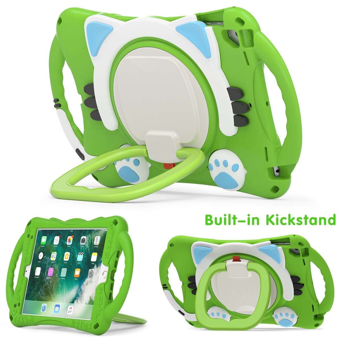 Cute Cat King Kids Shockproof Silicone Tablet Case with Holder & Shoulder Strap & Hand ... (Green)
