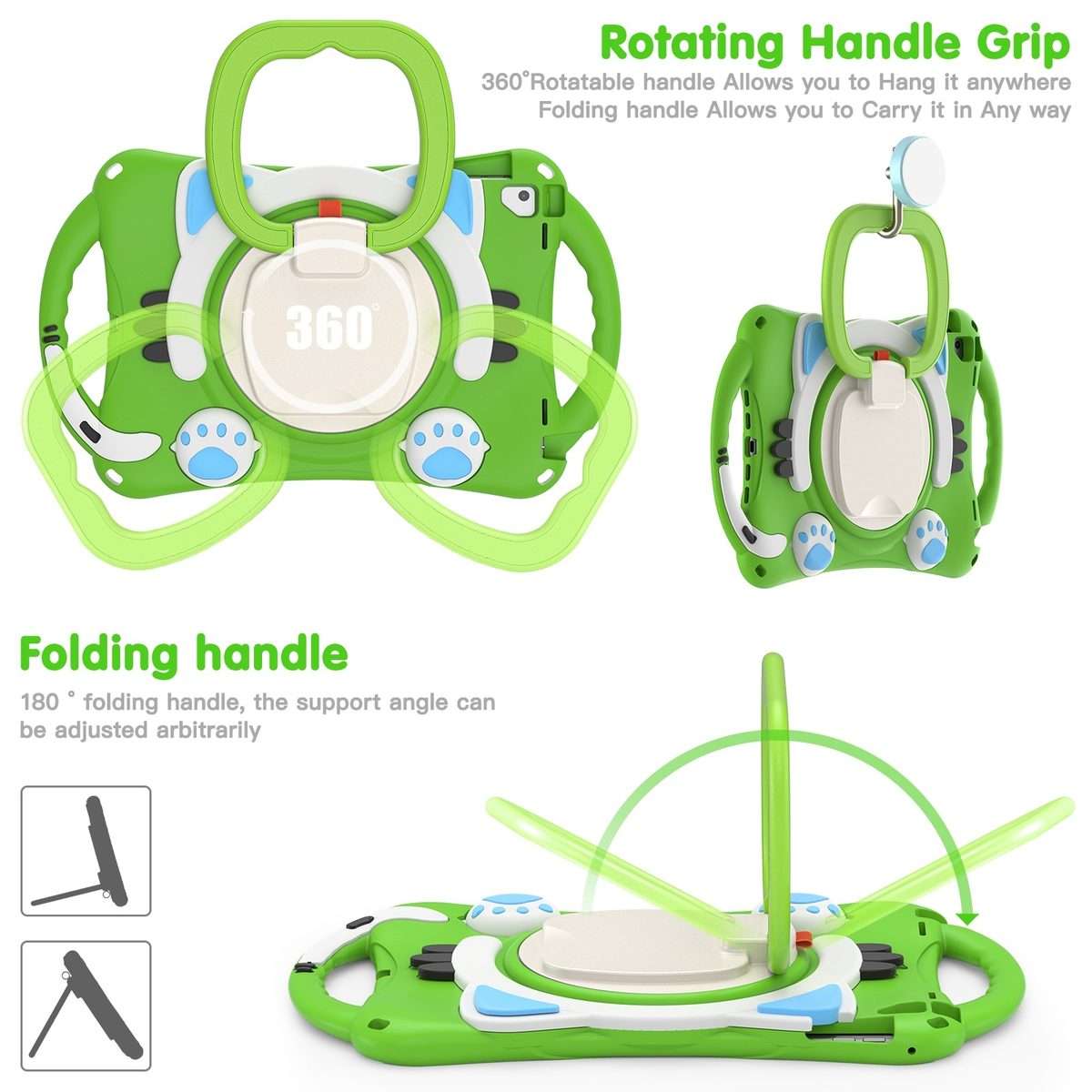Cute Cat King Kids Shockproof Silicone Tablet Case with Holder & Shoulder Strap & Hand ... (Green)