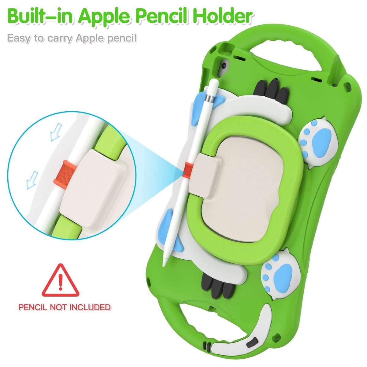 Cute Cat King Kids Shockproof Silicone Tablet Case with Holder & Shoulder Strap & Hand ... (Green)
