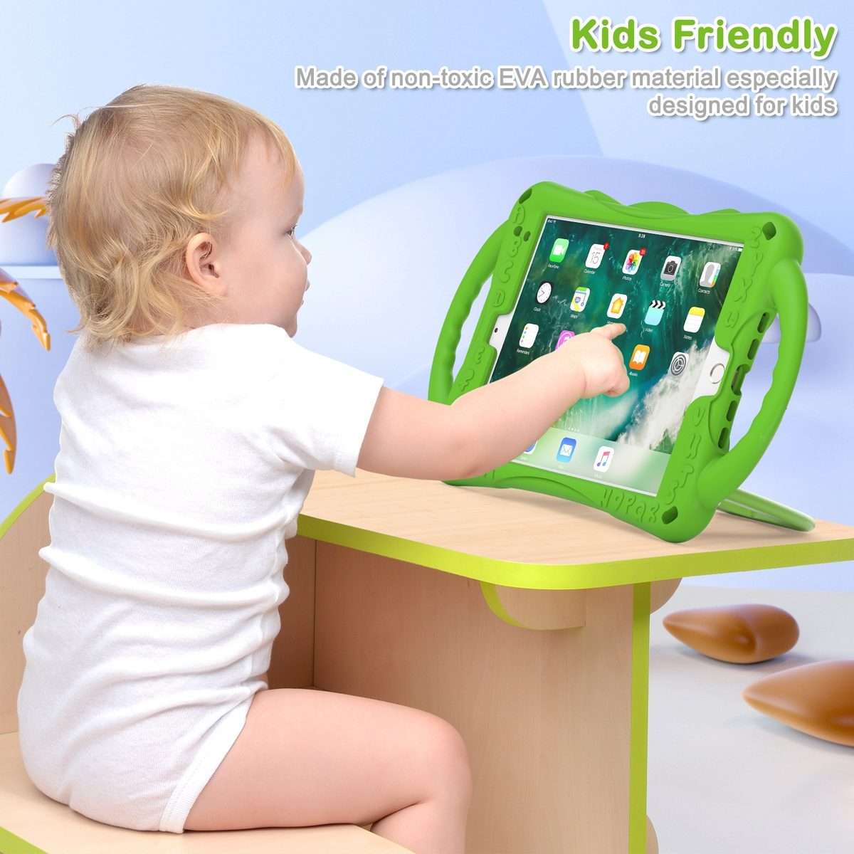Cute Cat King Kids Shockproof Silicone Tablet Case with Holder & Shoulder Strap & Hand ... (Green)
