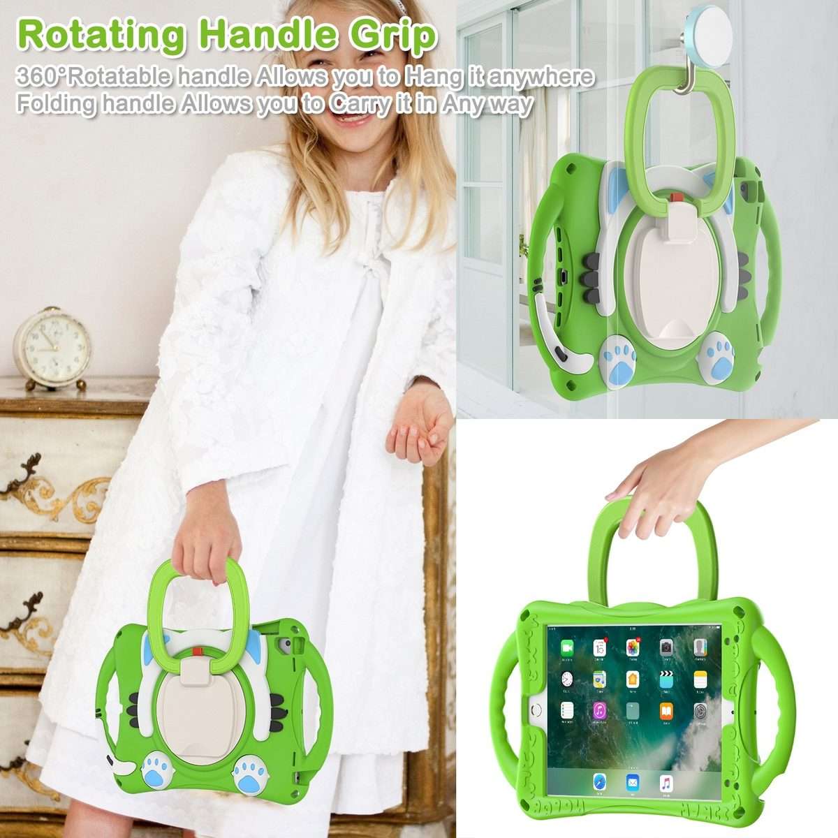Cute Cat King Kids Shockproof Silicone Tablet Case with Holder & Shoulder Strap & Hand ... (Green)