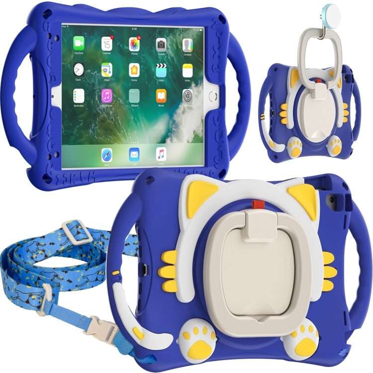 Cute Cat King Kids Shockproof Silicone Tablet Case with Holder & Shoulder Strap & ... (Dark Blue)