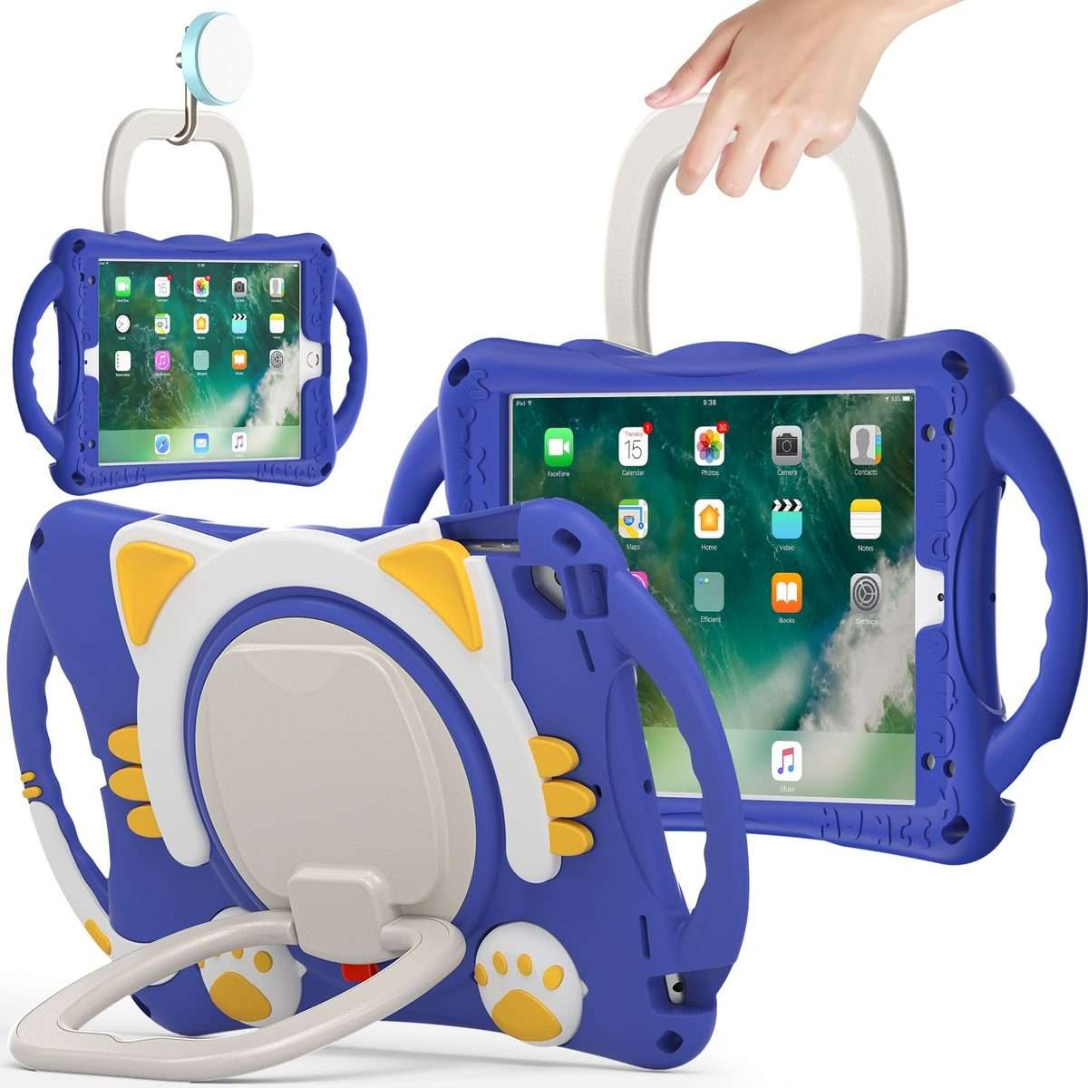 Cute Cat King Kids Shockproof Silicone Tablet Case with Holder & Shoulder Strap & ... (Dark Blue)