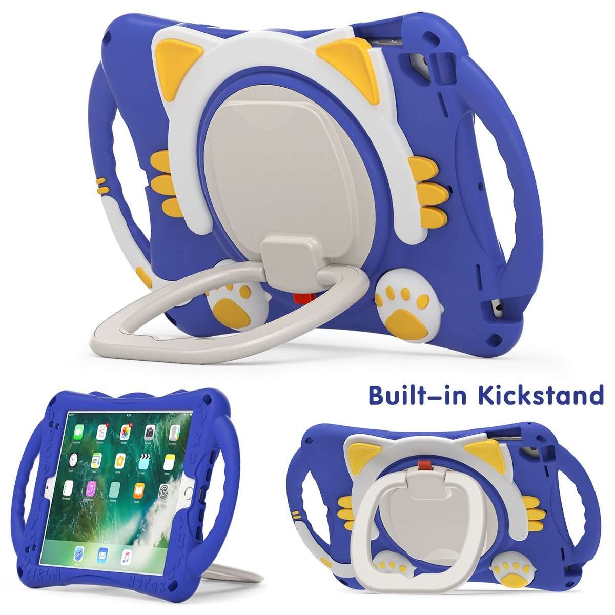 Cute Cat King Kids Shockproof Silicone Tablet Case with Holder & Shoulder Strap & ... (Dark Blue)