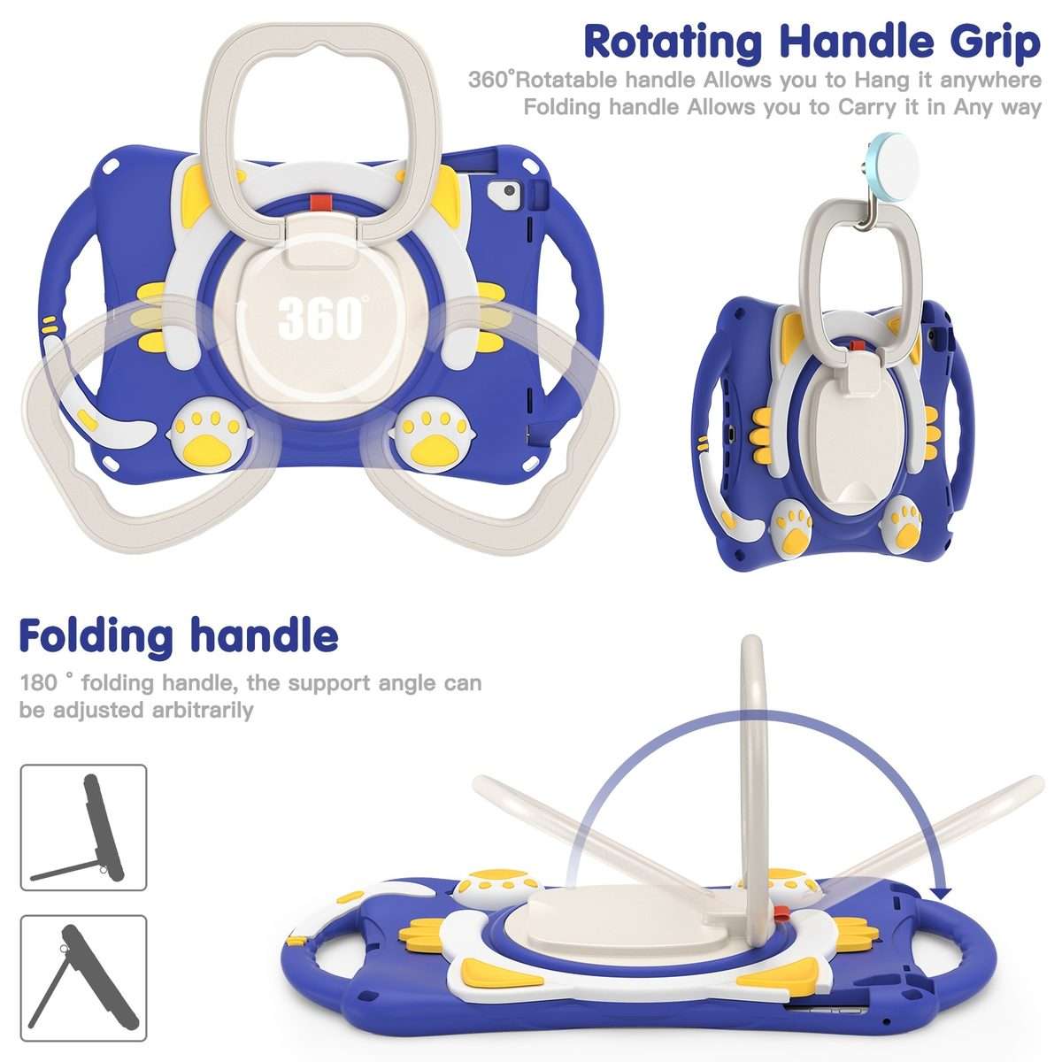 Cute Cat King Kids Shockproof Silicone Tablet Case with Holder & Shoulder Strap & ... (Dark Blue)