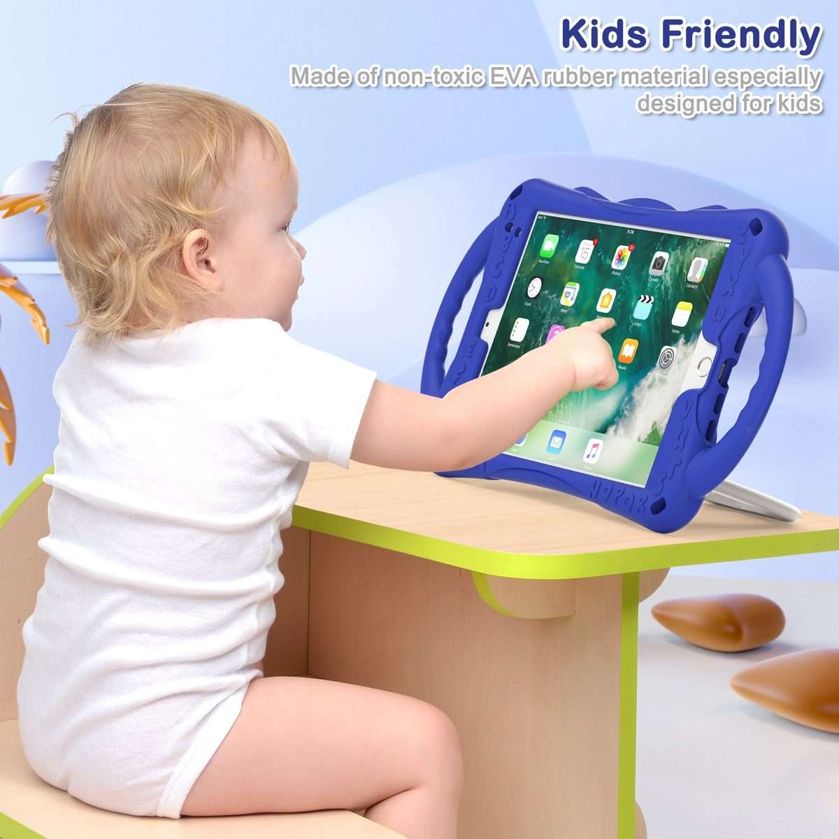 Cute Cat King Kids Shockproof Silicone Tablet Case with Holder & Shoulder Strap & ... (Dark Blue)