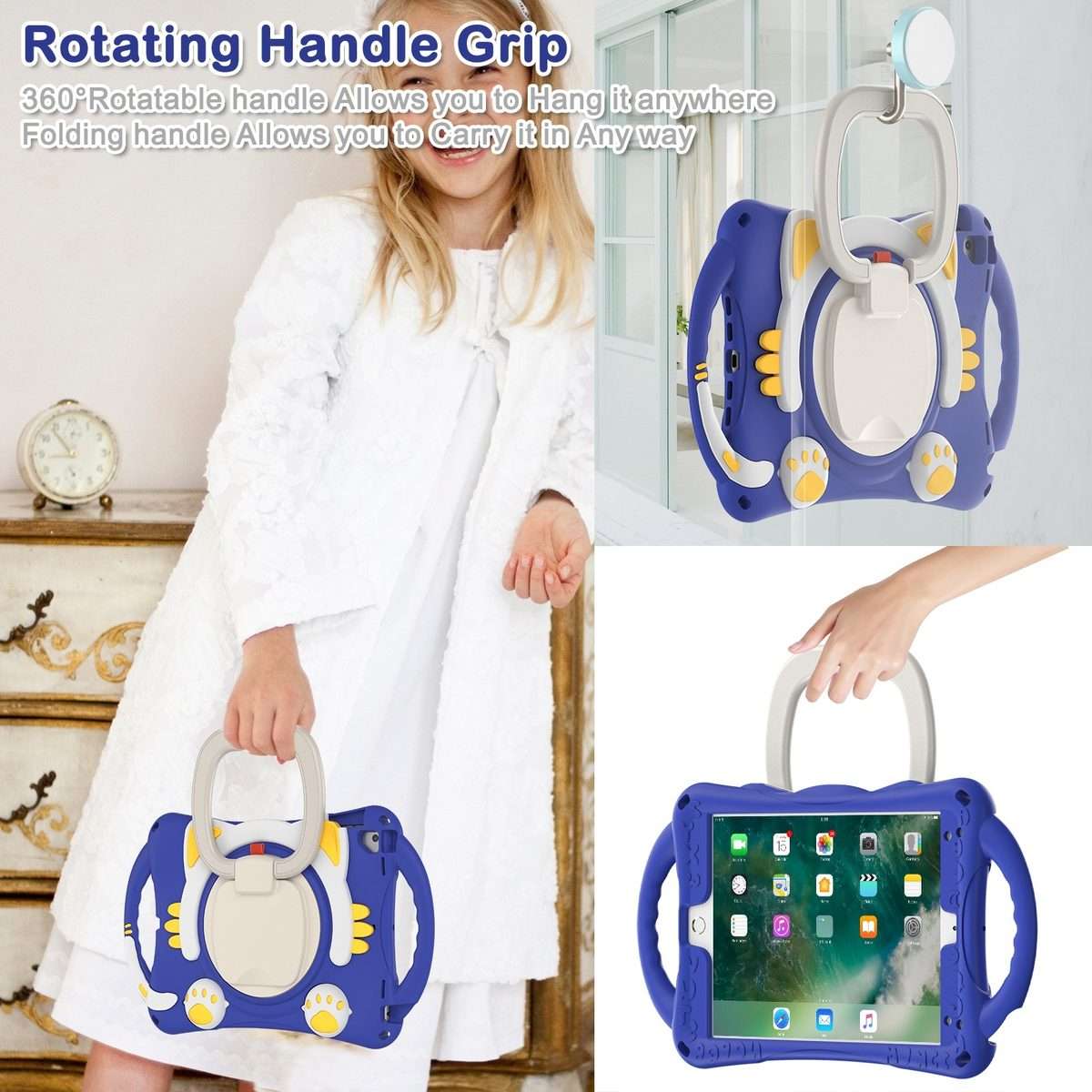Cute Cat King Kids Shockproof Silicone Tablet Case with Holder & Shoulder Strap & ... (Dark Blue)