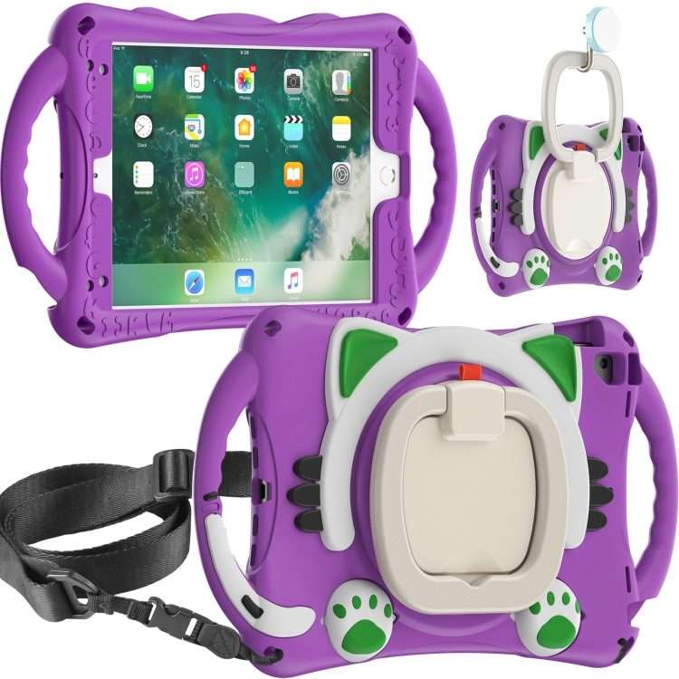 Cute Cat King Kids Shockproof Silicone Tablet Case with Holder & Shoulder Strap & Han ... (Purple)