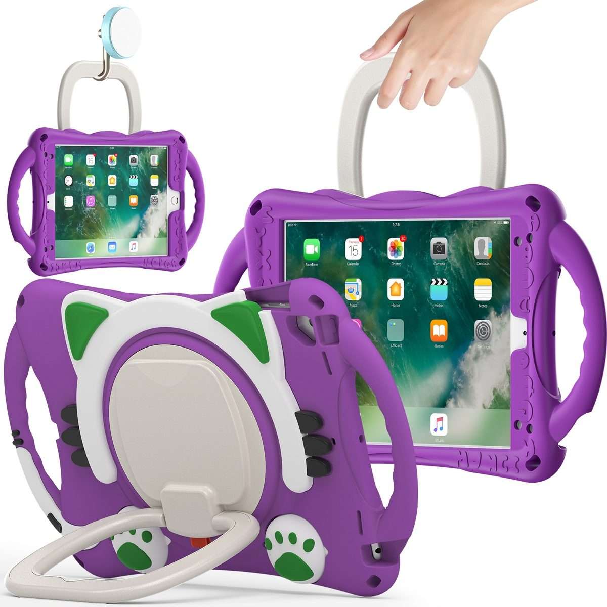 Cute Cat King Kids Shockproof Silicone Tablet Case with Holder & Shoulder Strap & Han ... (Purple)