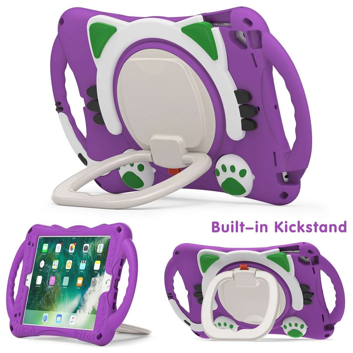 Cute Cat King Kids Shockproof Silicone Tablet Case with Holder & Shoulder Strap & Han ... (Purple)
