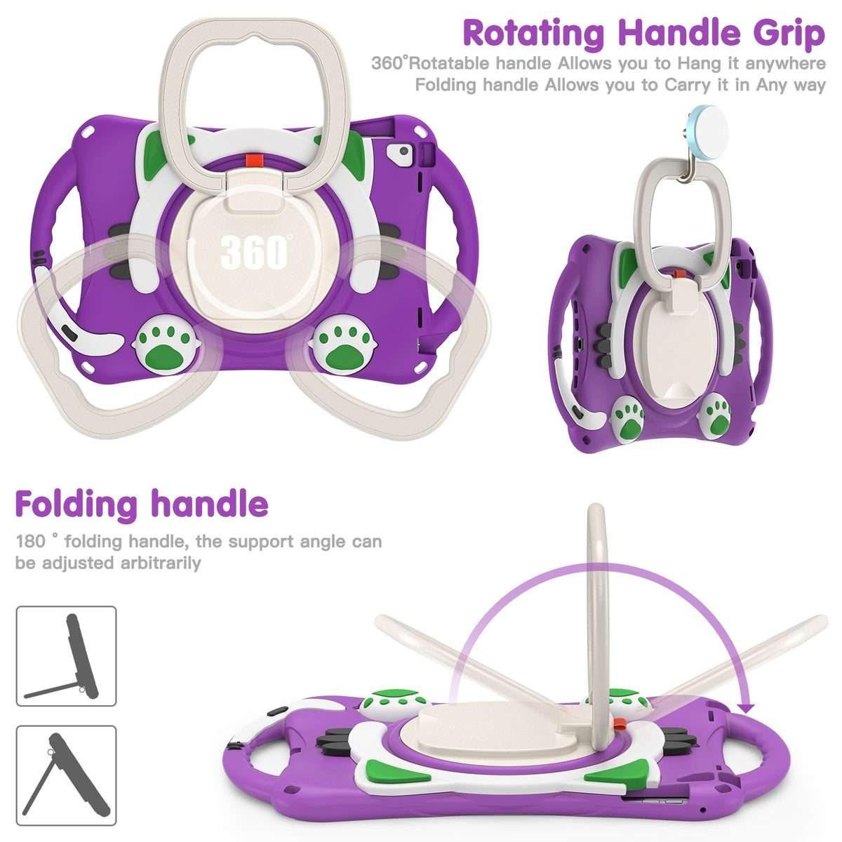Cute Cat King Kids Shockproof Silicone Tablet Case with Holder & Shoulder Strap & Han ... (Purple)