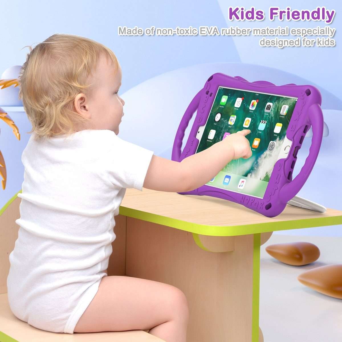 Cute Cat King Kids Shockproof Silicone Tablet Case with Holder & Shoulder Strap & Han ... (Purple)
