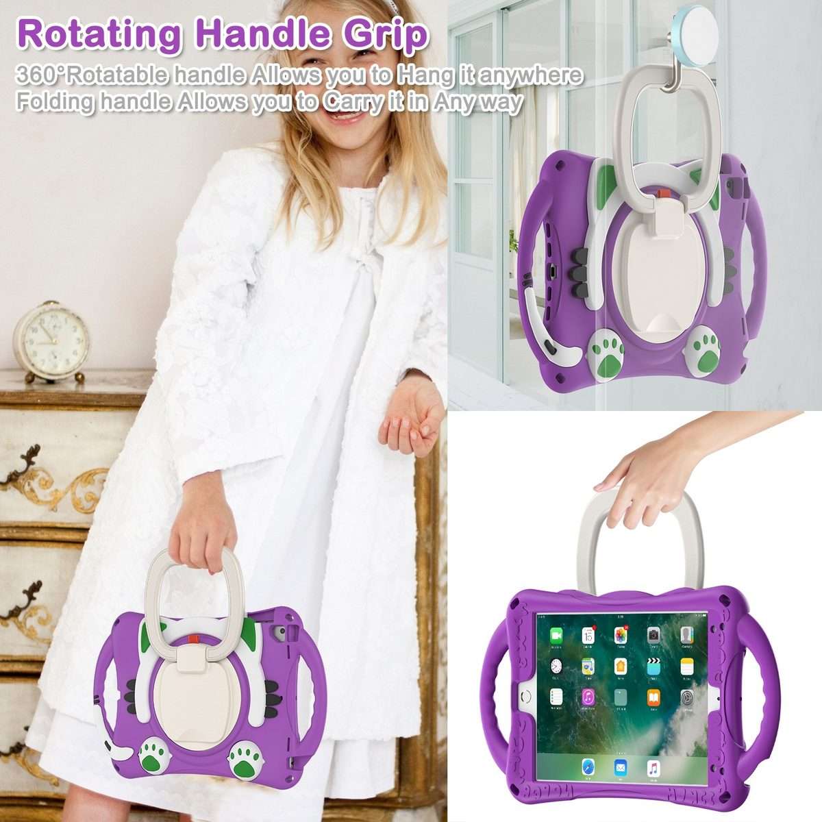 Cute Cat King Kids Shockproof Silicone Tablet Case with Holder & Shoulder Strap & Han ... (Purple)