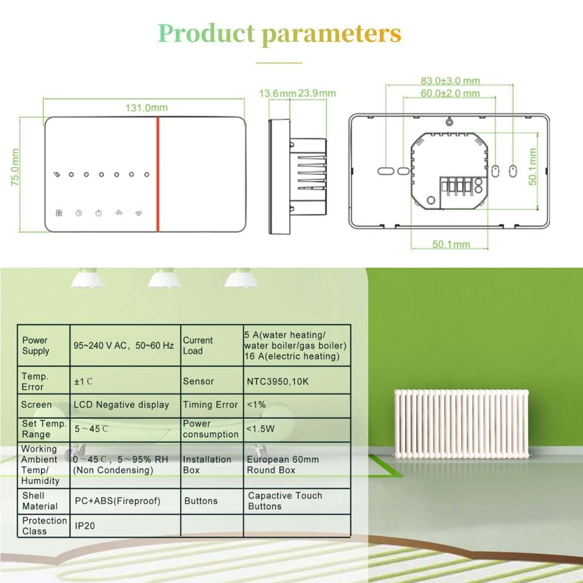 BHT-005-GA 220V AC 3A Smart Home Heating Thermostat for EU Box, Control Water Heating with Only In