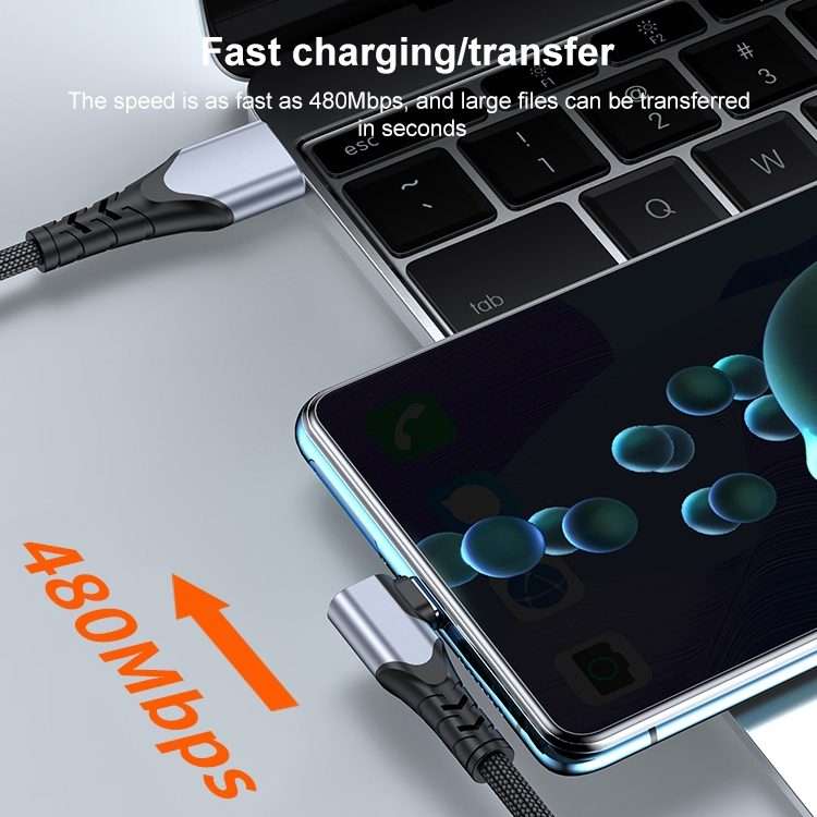 6A 66W USB to USB-C / Type-C Elbow Mobile Phone Game Fast Data Cable, Length:2m(Grey)