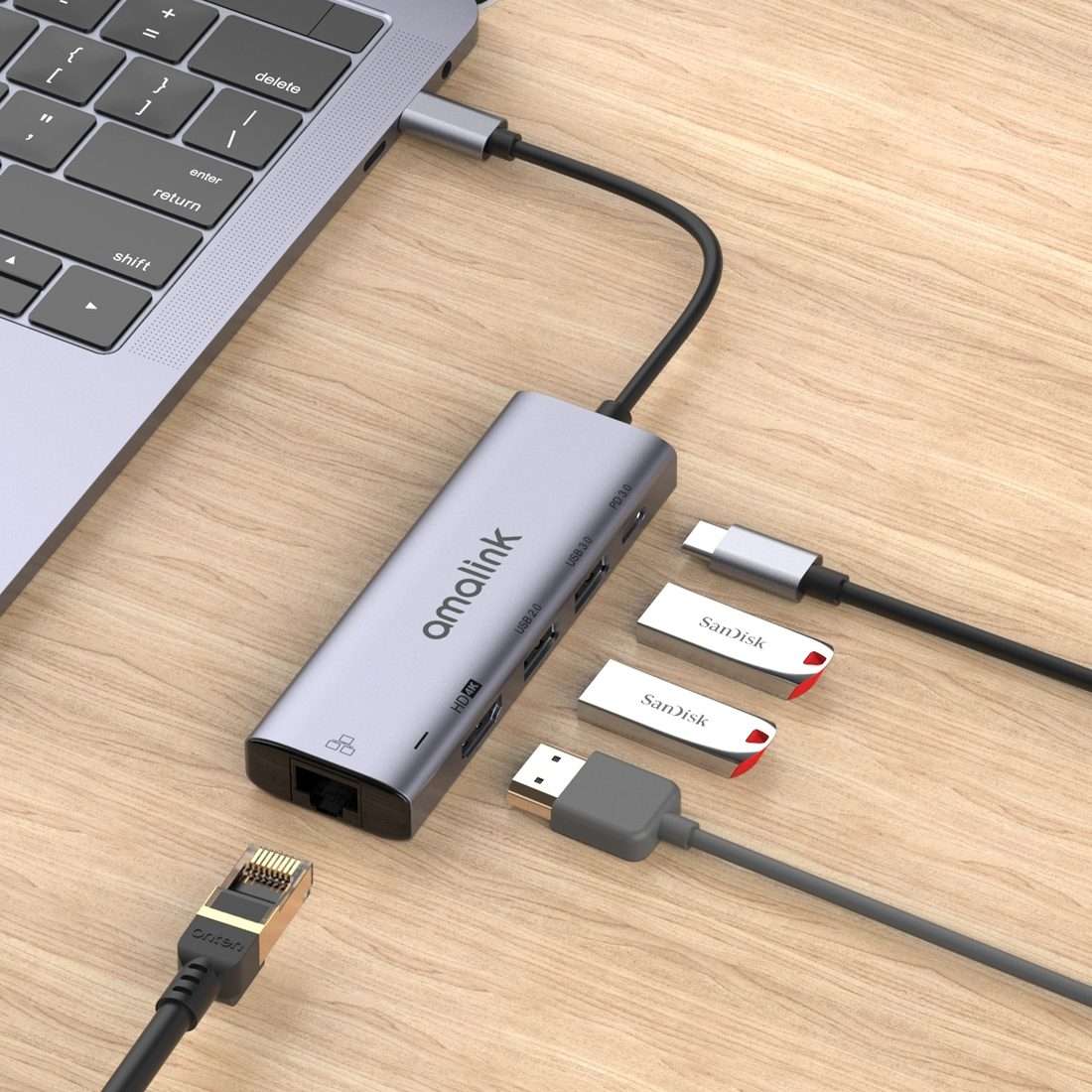 amalink 95125D Type-C / USB-C to HDMI + RJ45 + 2 Ports USB + PD 3.0 Multi-function HUB(Grey)
