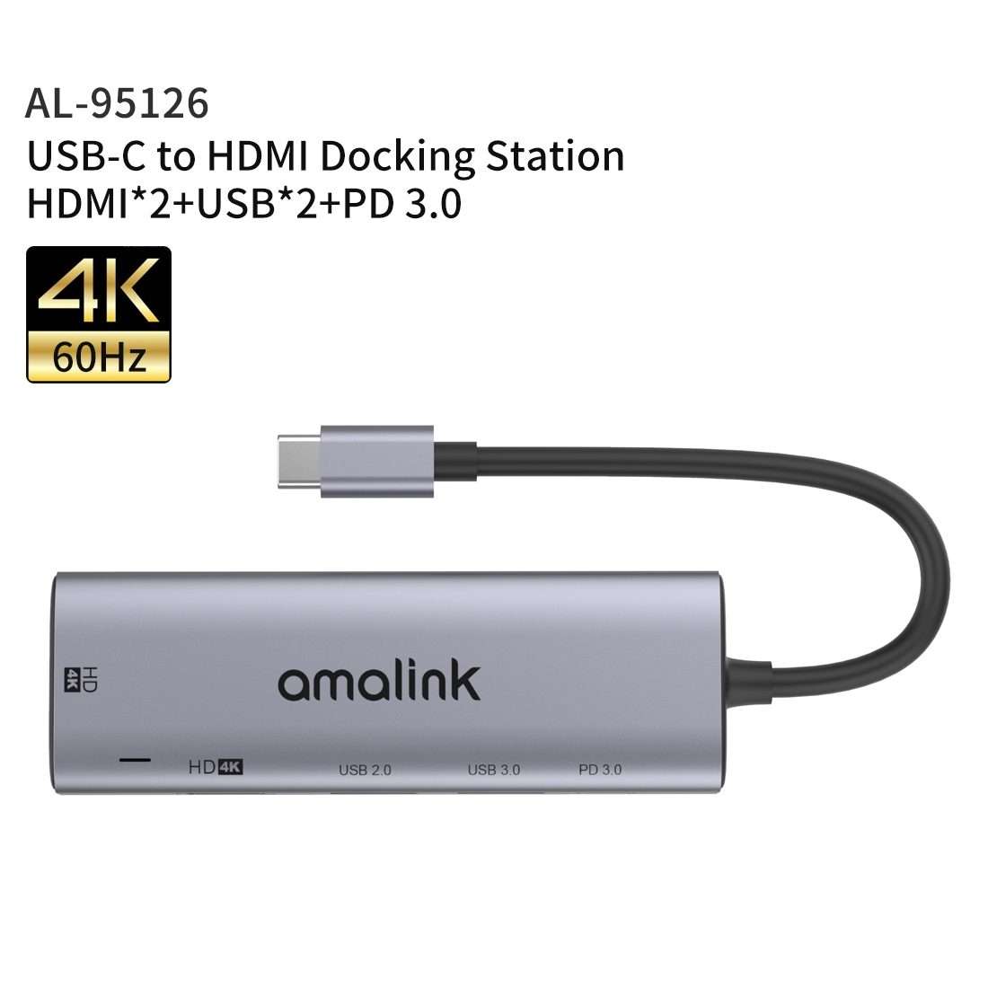 amalink 95126 Type-C / USB-C to Dual HDMI + 2 Ports USB + PD 3.0 Multi-function HUB(Grey)