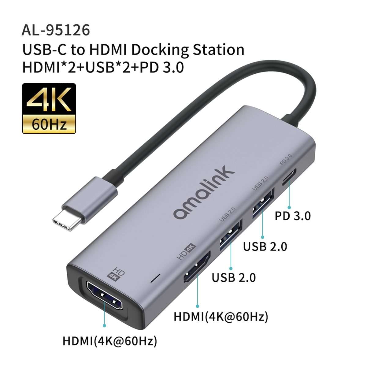 amalink 95126 Type-C / USB-C to Dual HDMI + 2 Ports USB + PD 3.0 Multi-function HUB(Grey)
