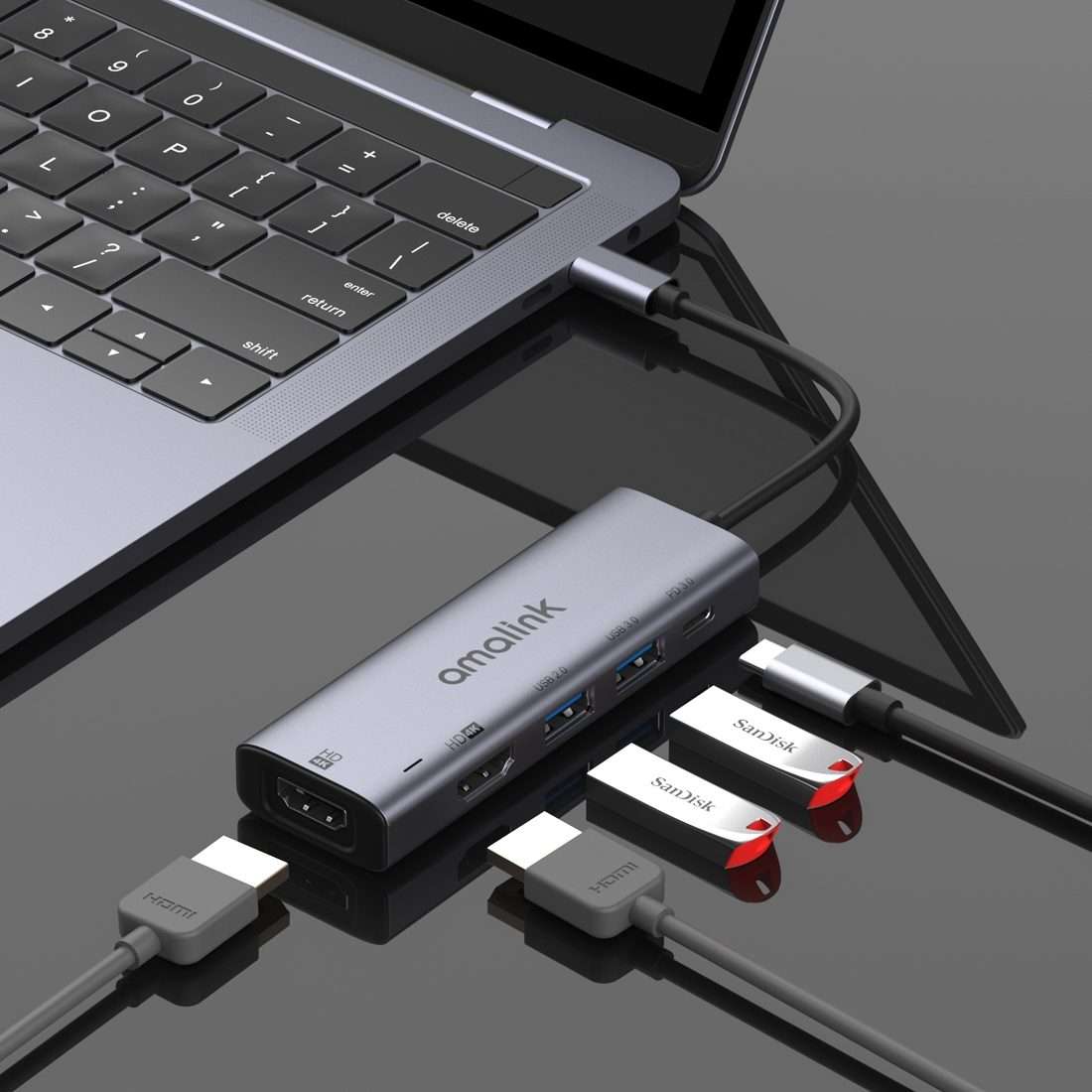 amalink 95126 Type-C / USB-C to Dual HDMI + 2 Ports USB + PD 3.0 Multi-function HUB(Grey)
