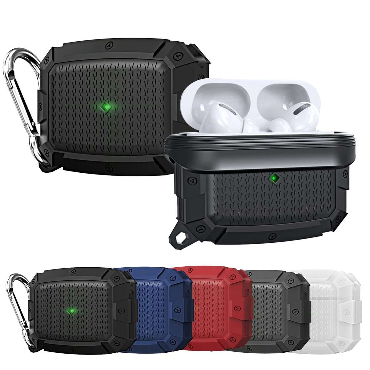 For AirPods Pro Shield Armor Waterproof Wireless Earphone Protective Case with Ca ... (Dark Green)