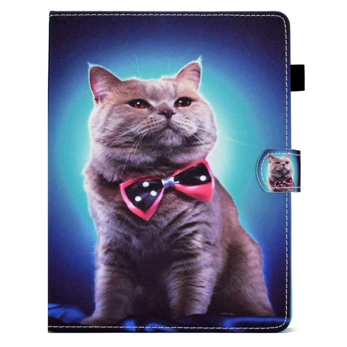For 10 inch Tablet Sewing Pen Slot Leather Tablet Case(Bow Tie Cat)