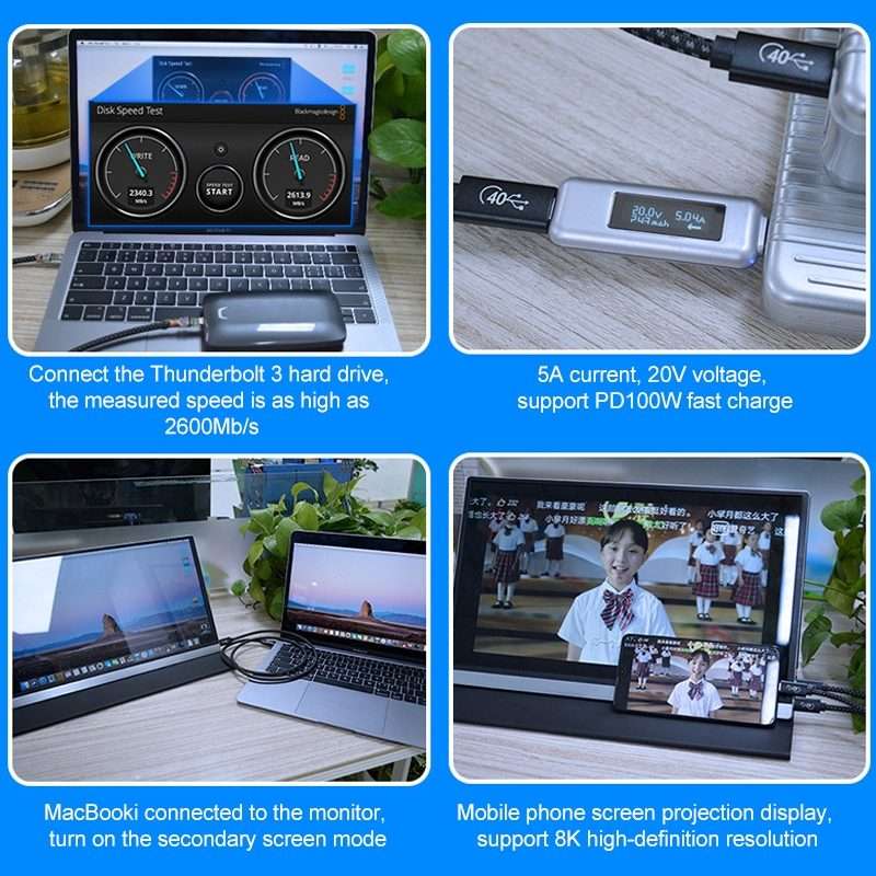 PD 100W USB-C / Type-C to USB-C / Type-C Compatible Thunderbolt 4 Full-f ... (Black and Grey Mesh)