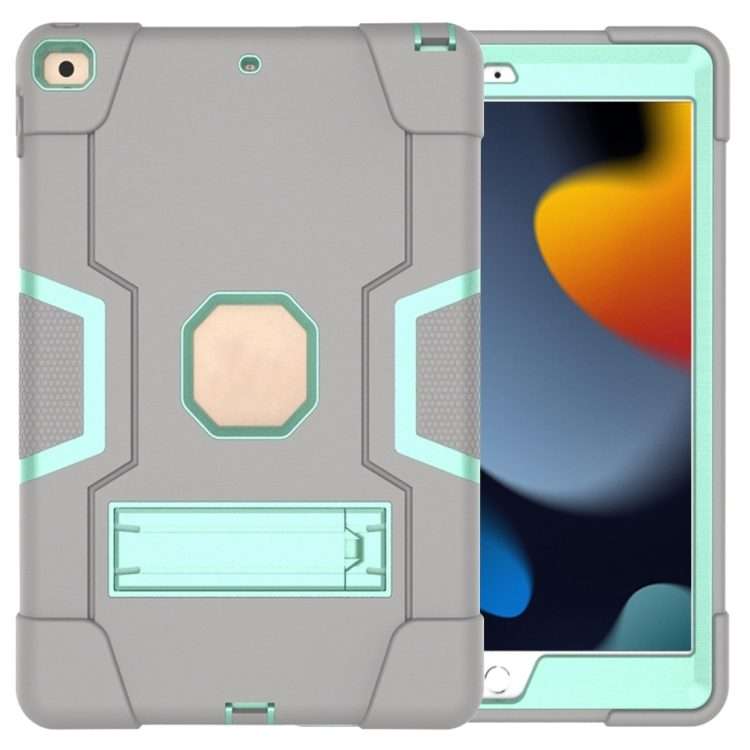 For iPad 10.2 Contrast Color Silicone + PC Combination Case with Holder(Grey + Aqua)
