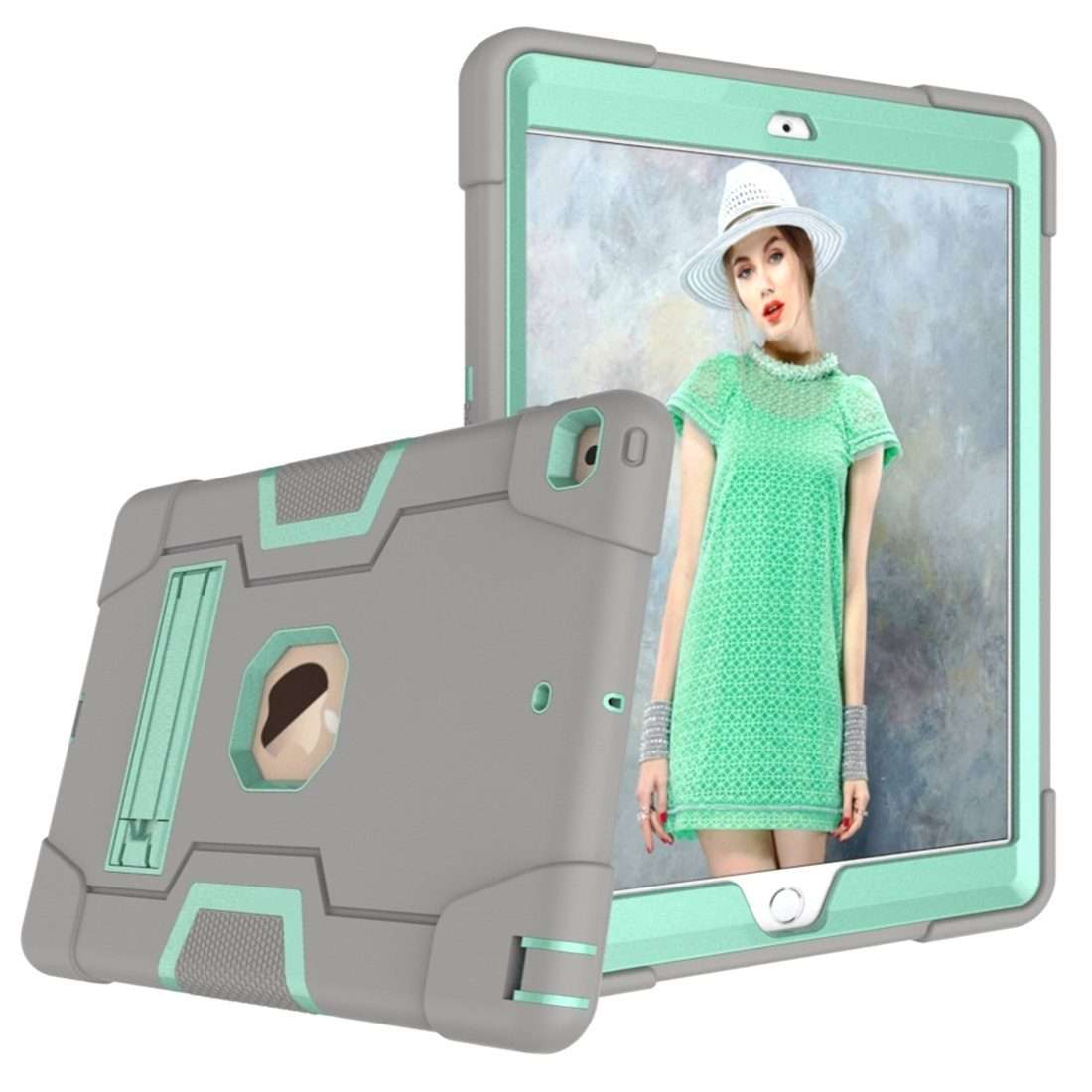 For iPad 10.2 Contrast Color Silicone + PC Combination Case with Holder(Grey + Aqua)