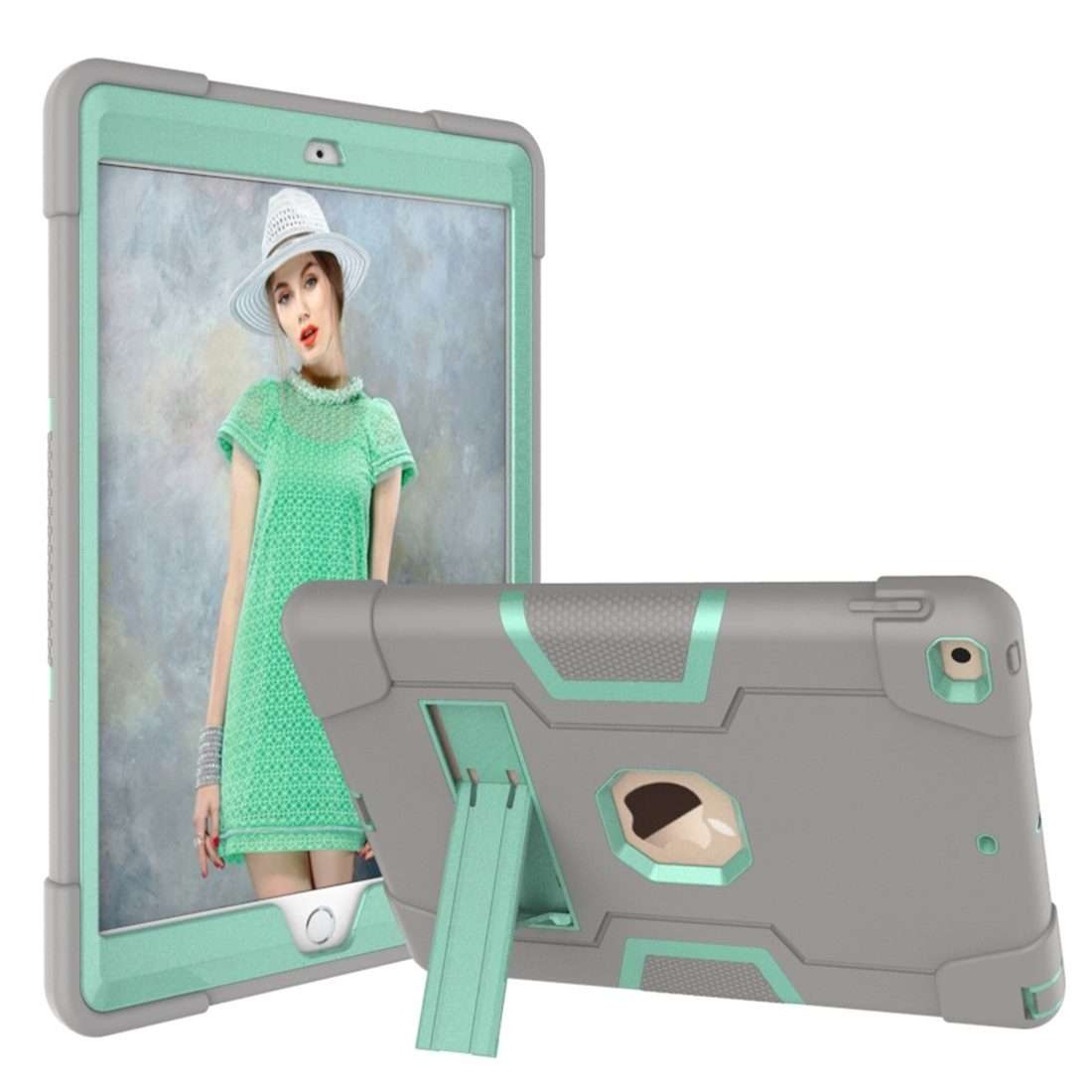 For iPad 10.2 Contrast Color Silicone + PC Combination Case with Holder(Grey + Aqua)