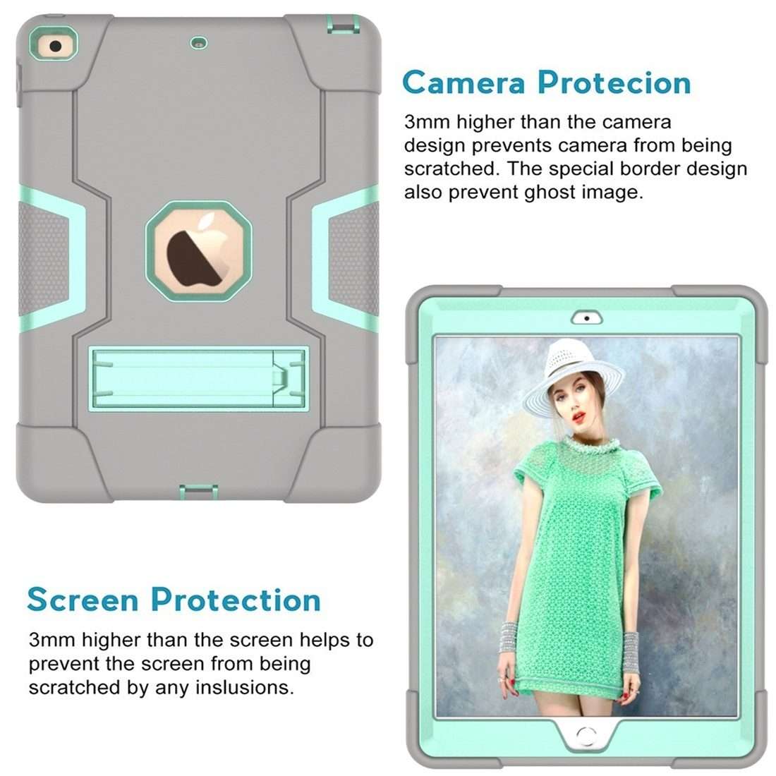 For iPad 10.2 Contrast Color Silicone + PC Combination Case with Holder(Grey + Aqua)