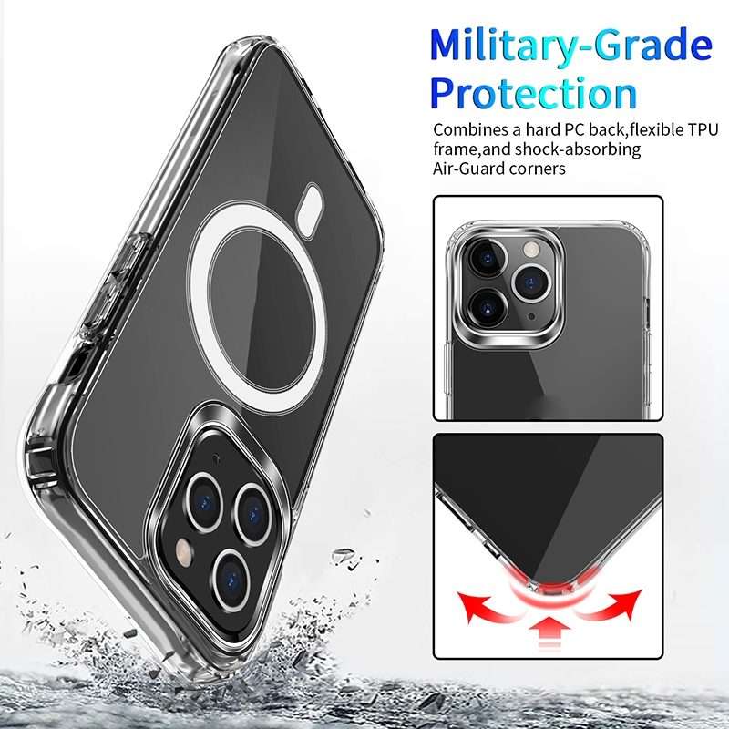 For iPhone 14 Pro Magsafe Magnetic Four Corner Airbags Phone Case(Transparent)