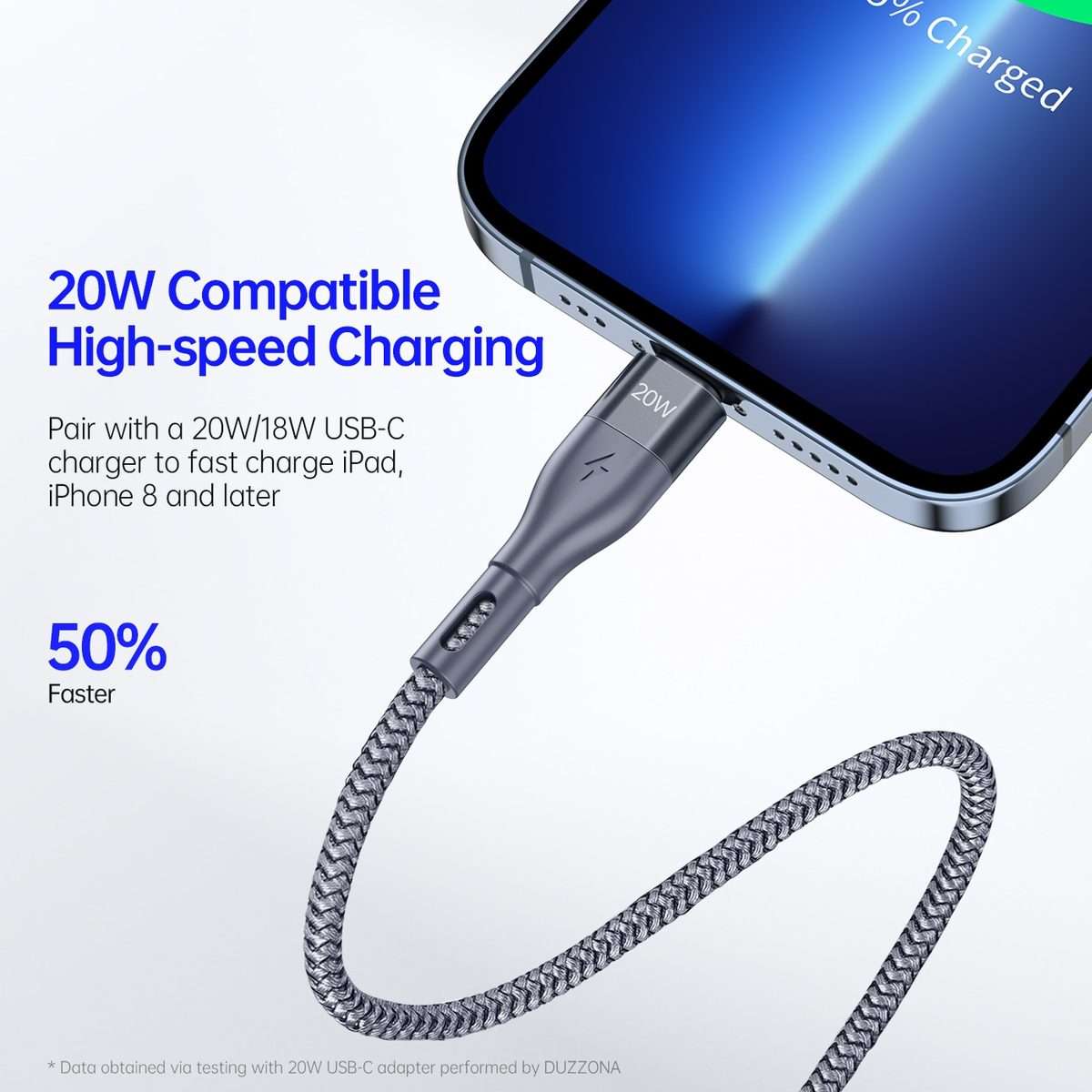 DUZZONA A1 PD 20W Type-C to 8 Pin Fast Charging Data Cable, Length: 1m(Grey)