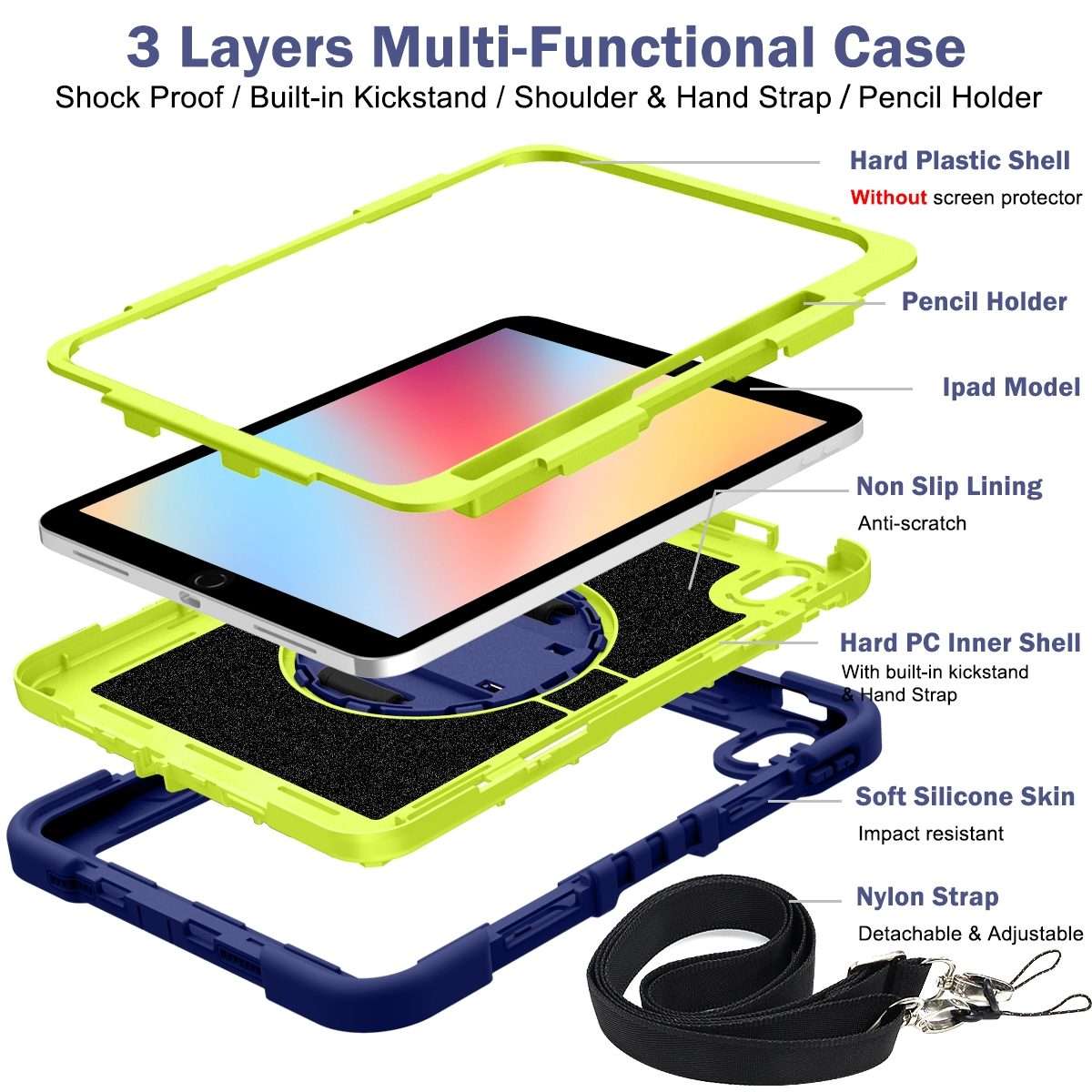 For iPad 2025 / 2022 360 Degree Rotation Shockproof Silicone + PC Tablet Case(Navy+Yellow Green)