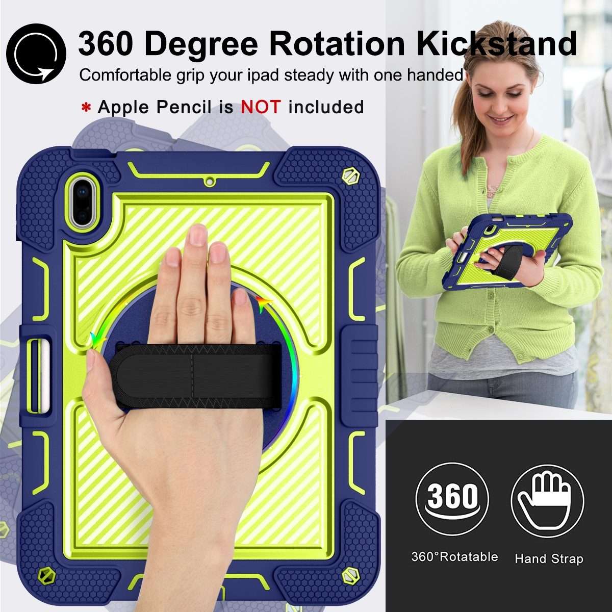 For iPad 2025 / 2022 360 Degree Rotation Shockproof Silicone + PC Tablet Case(Navy+Yellow Green)