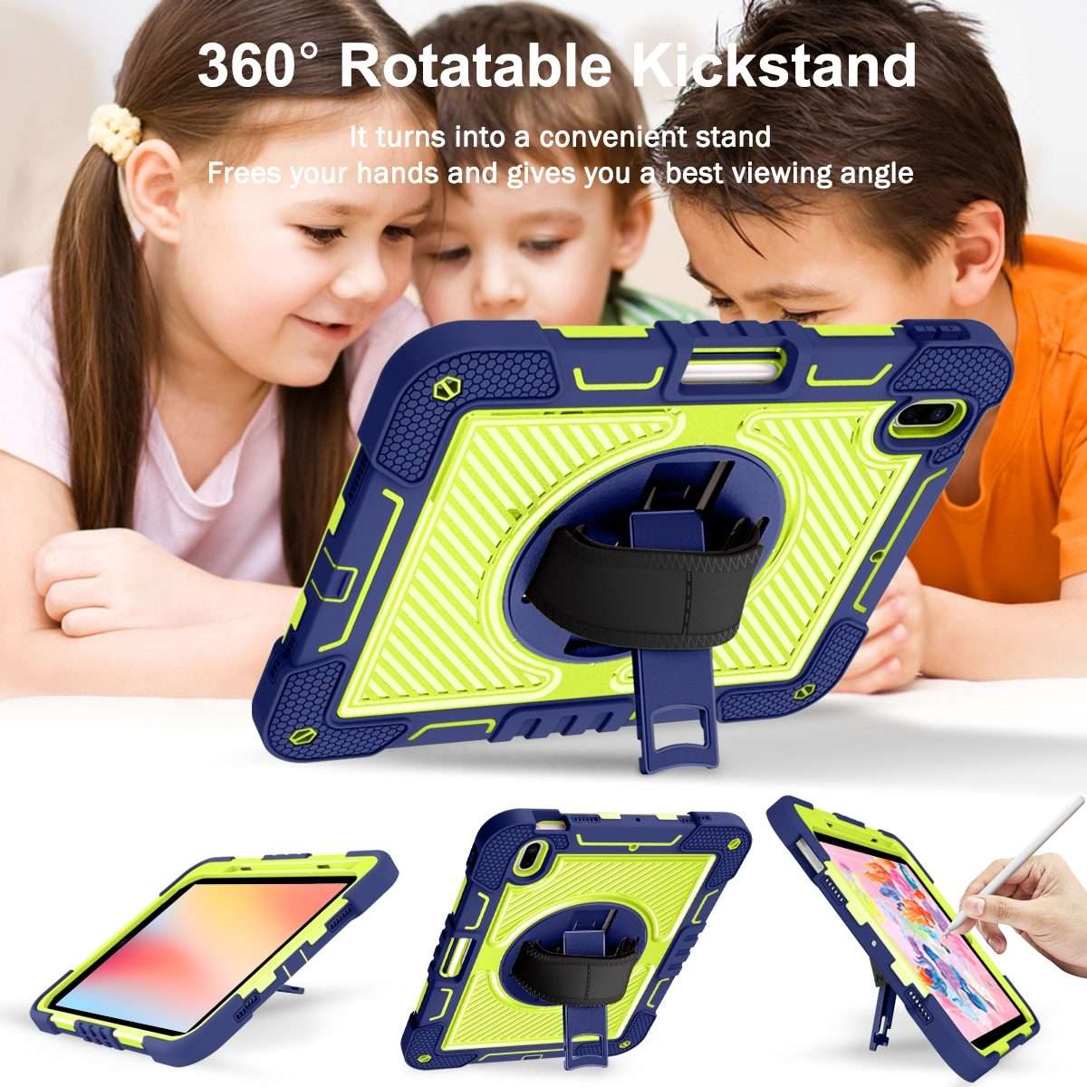 For iPad 2025 / 2022 360 Degree Rotation Shockproof Silicone + PC Tablet Case(Navy+Yellow Green)