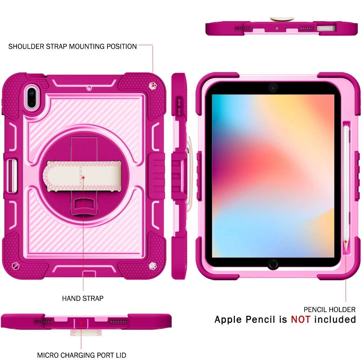 For iPad 2025 / 2022 360 Degree Rotation Shockproof Silicone + PC Tablet Case(Rose Red+Pink)