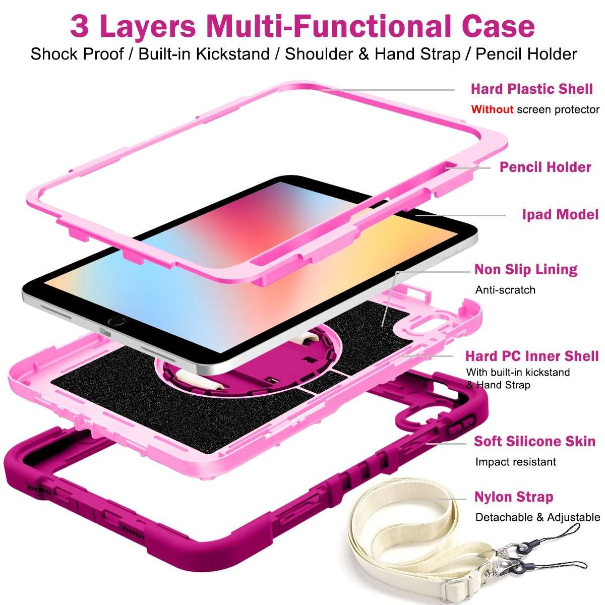 For iPad 2025 / 2022 360 Degree Rotation Shockproof Silicone + PC Tablet Case(Rose Red+Pink)