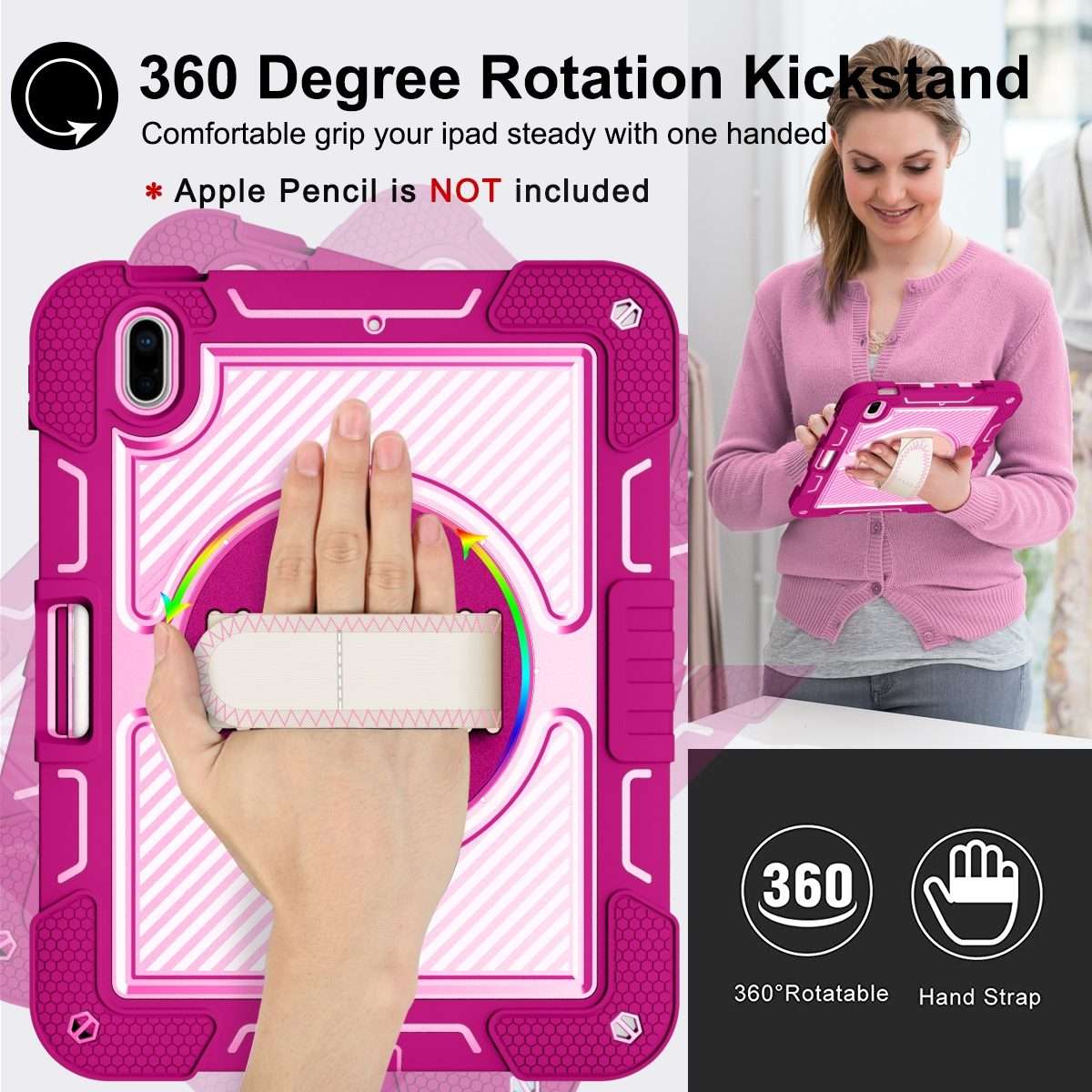 For iPad 2025 / 2022 360 Degree Rotation Shockproof Silicone + PC Tablet Case(Rose Red+Pink)