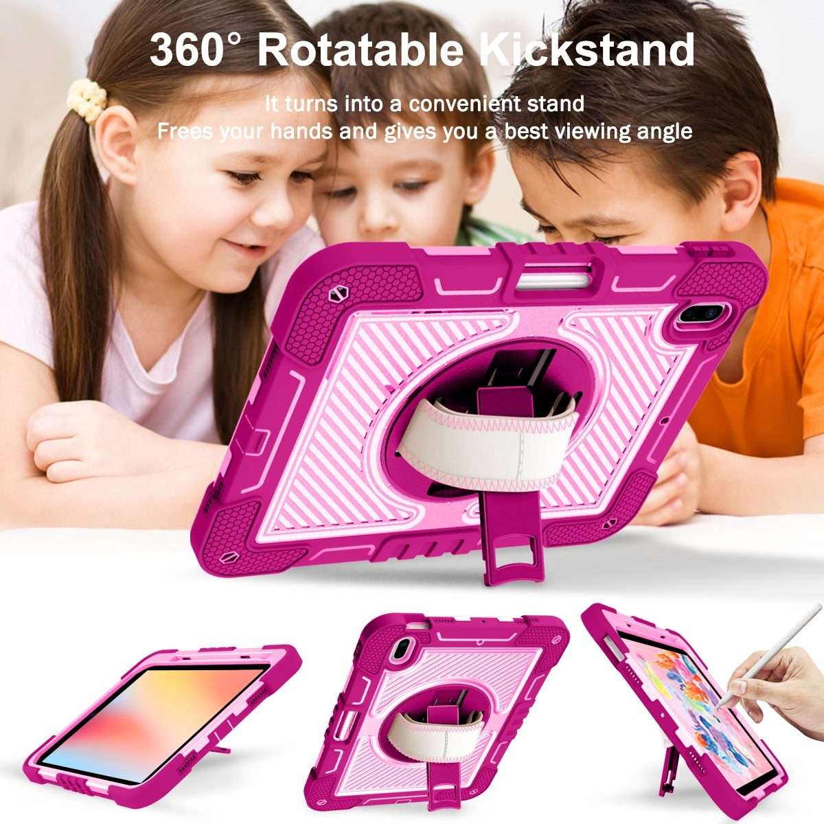 For iPad 2025 / 2022 360 Degree Rotation Shockproof Silicone + PC Tablet Case(Rose Red+Pink)