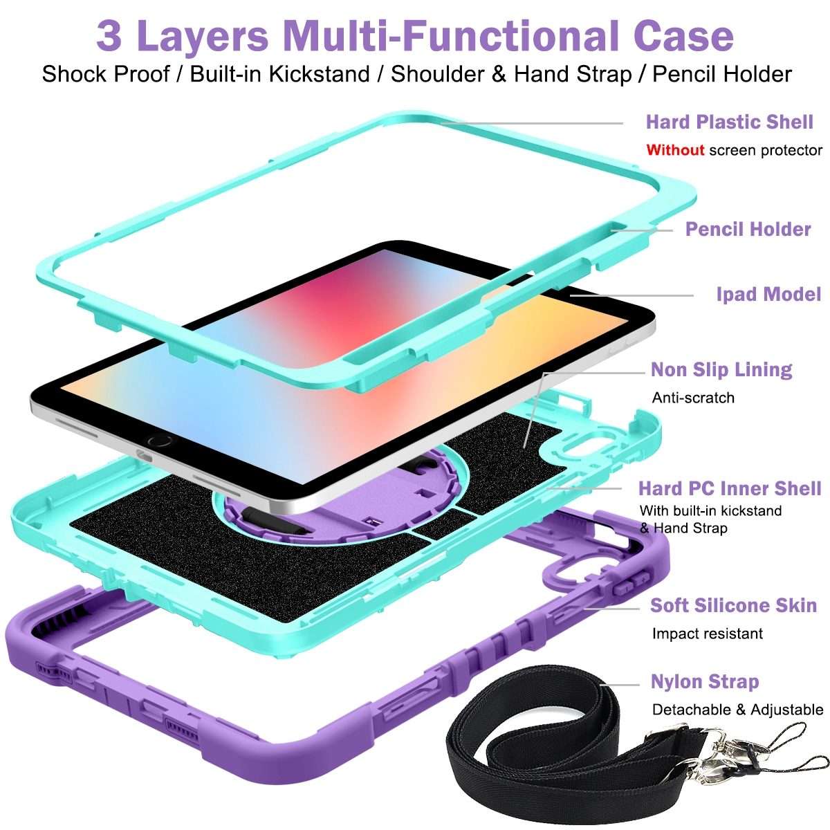 For iPad 2025 / 2022 360 Degree Rotation Shockproof Silicone + PC Tablet Case(Purple + Mint Green)