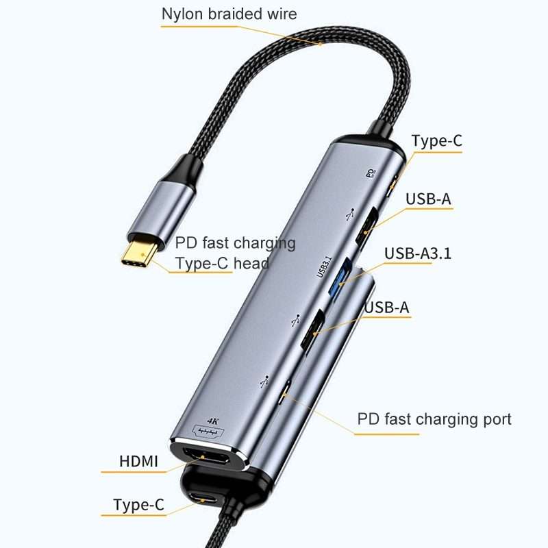 Y004 6 in 1 USB-C/Type-C to HDMI+USB 3.1+Dual USB 2.0+Dual USB-C/Type-C Interface Multifunctional