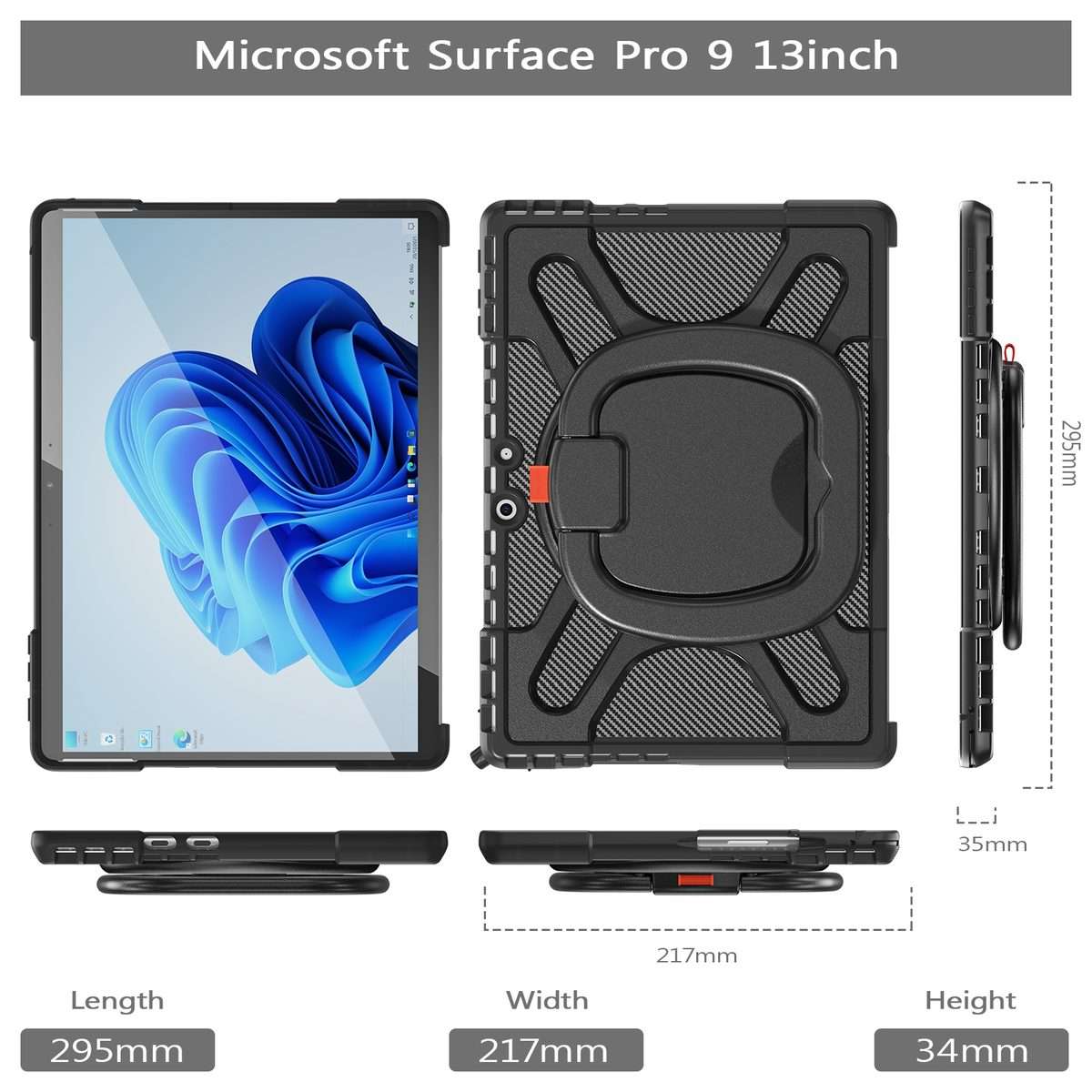 For MicroSoft Surface Pro 9 / 10 / 11 Handle Rotatable Kickstand Shockproof Tablet Case(Black)