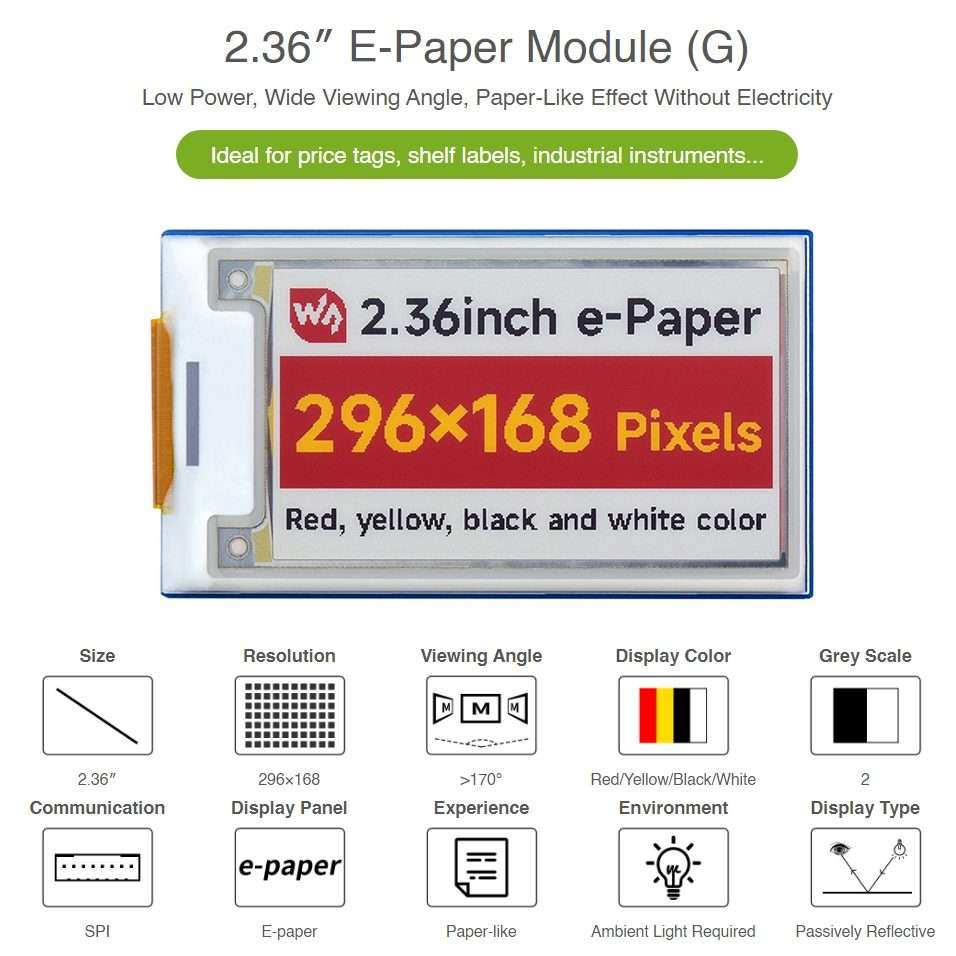 Waveshare 2.36 inch 296168 E-paper Module