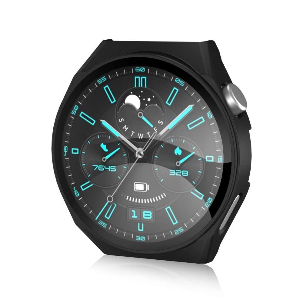 For Huawei GT3 Pro 46mm 2 in 1 PC Frame + Tempered Glass Film Watch Protective Case(Black)