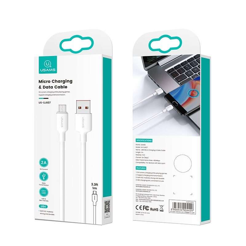 USAMS US-SJ608 U84 2A USB to Micro USB Charging Data Cable, Cable Length:2m(White)