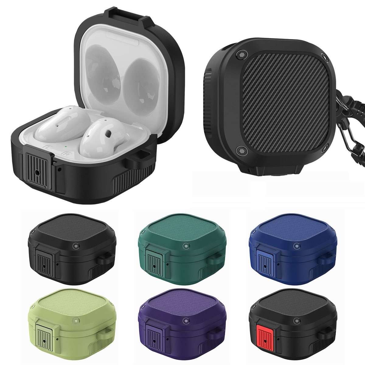Wireless Earphones Silicone Case with Switch & Carabiner for Samsung Galaxy Buds L ... (Black Red)
